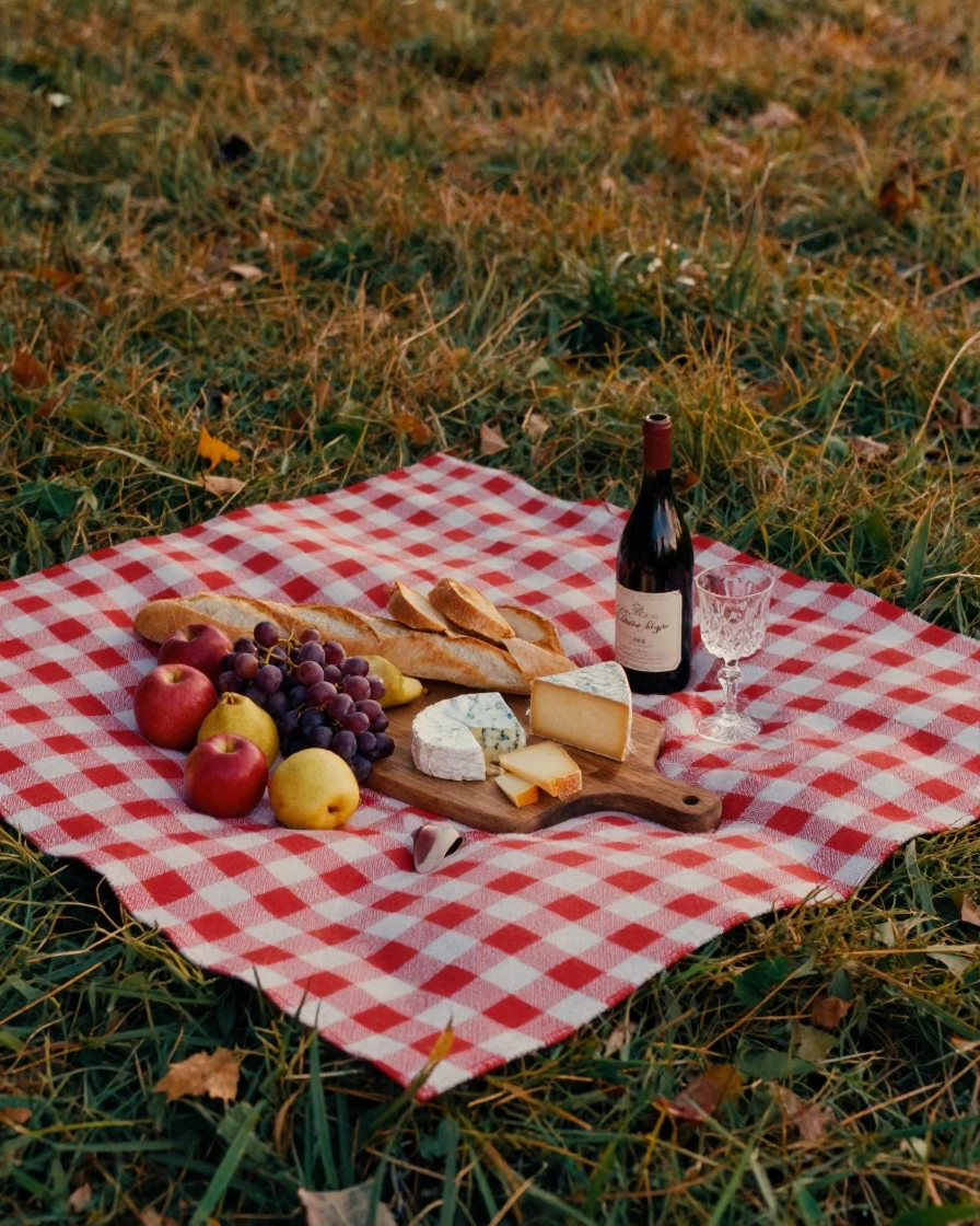 A picnic spread of fruit, cheese, and wine on a checkered blanket, under soft golden-hour light, in still, windless air, as summer fades into fall, with deep emerald greens and browns, from a wide establishing view.