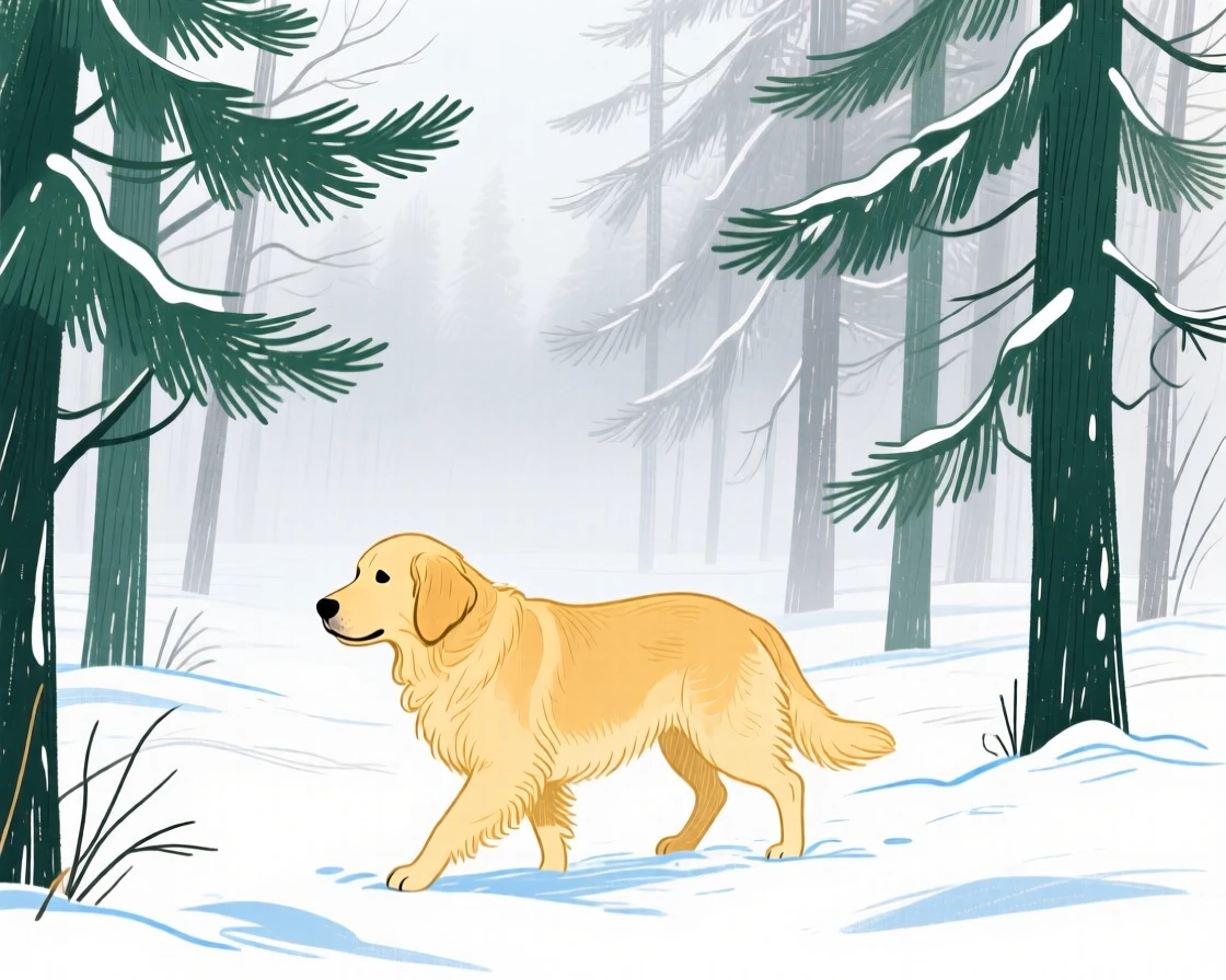 A golden retriever exploring in a snowy pine forest as fog rolls in.