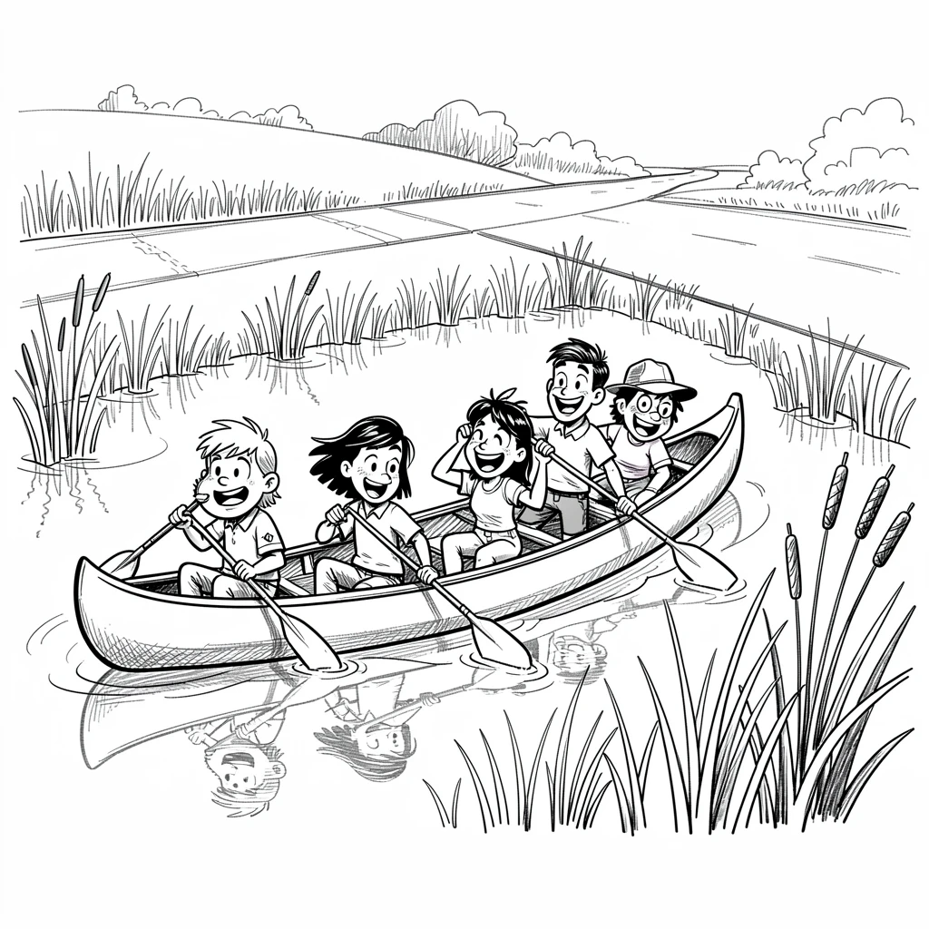 A group of friends canoeing through a quiet marsh beside a quiet countryside road.