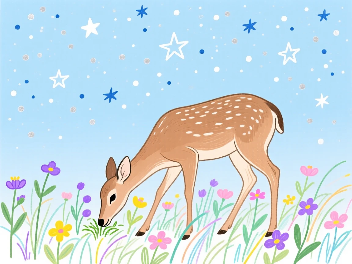 A gentle deer grazing near a wildflower field under a clear starry sky.