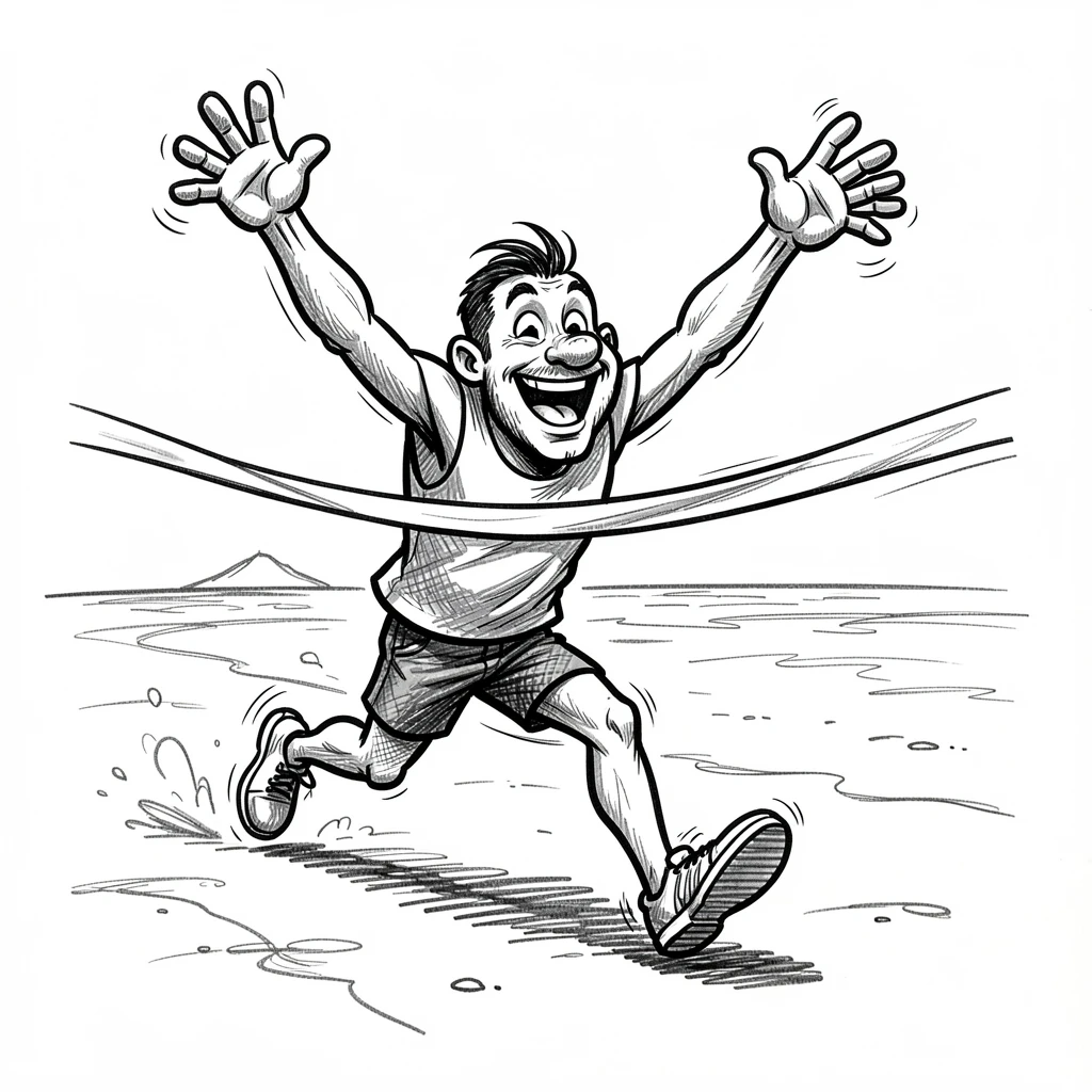 A runner crossing a finish line with arms raised across a wide sandy beach.