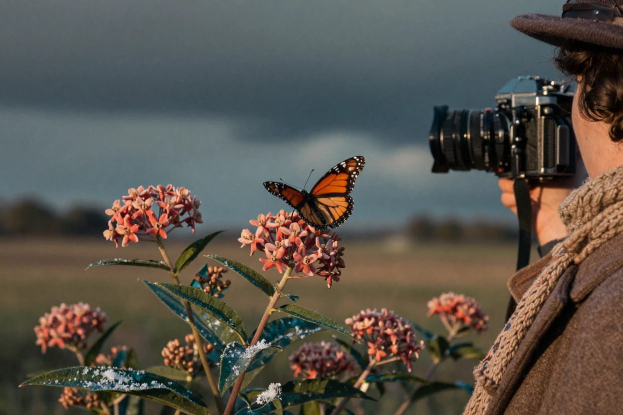 A monarch butterfly resting on a cluster of milkweed flowers, in low lamplight, under a darkening storm sky, under the first snow of winter, in vivid coral and turquoise hues, over the shoulder of the main subject.