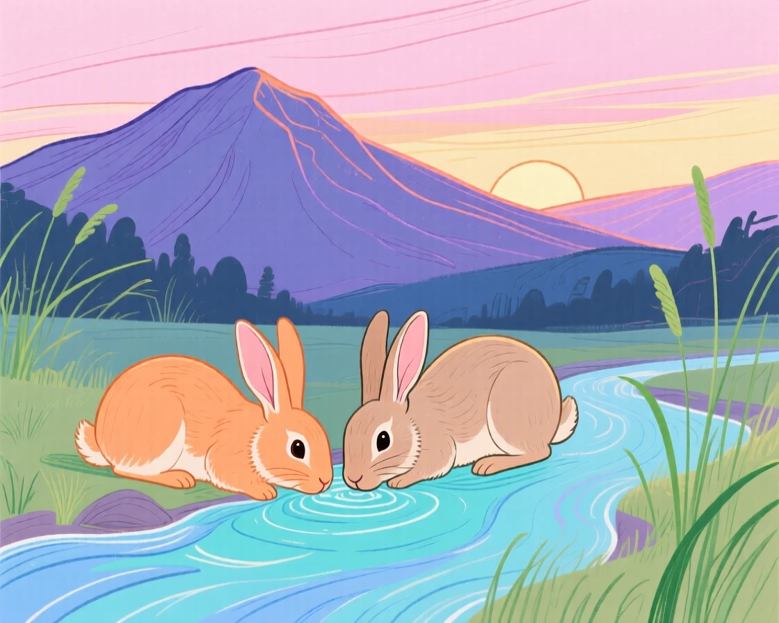 A pair of rabbits drinking from a stream beside a mountain stream at sunset.
