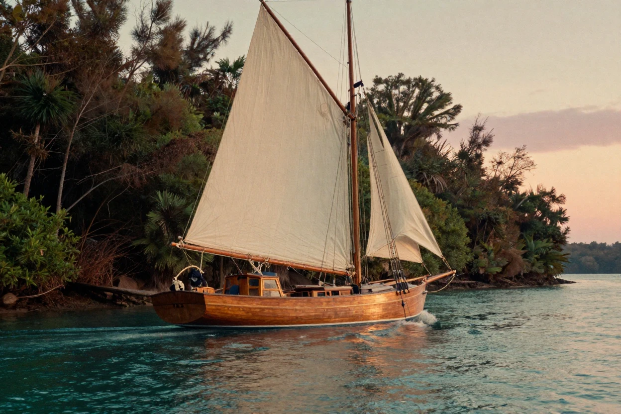 A wooden sailboat cutting through calm turquoise water, in the last light of dusk, as heat shimmers over the ground, in the depths of winter, with deep emerald greens and browns, captured from a low angle looking up.