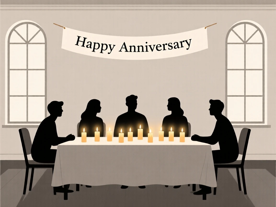 Friends gathered for an anniversary dinner in a decorated banquet hall, surrounded by glowing candles, radiating warm togetherness.