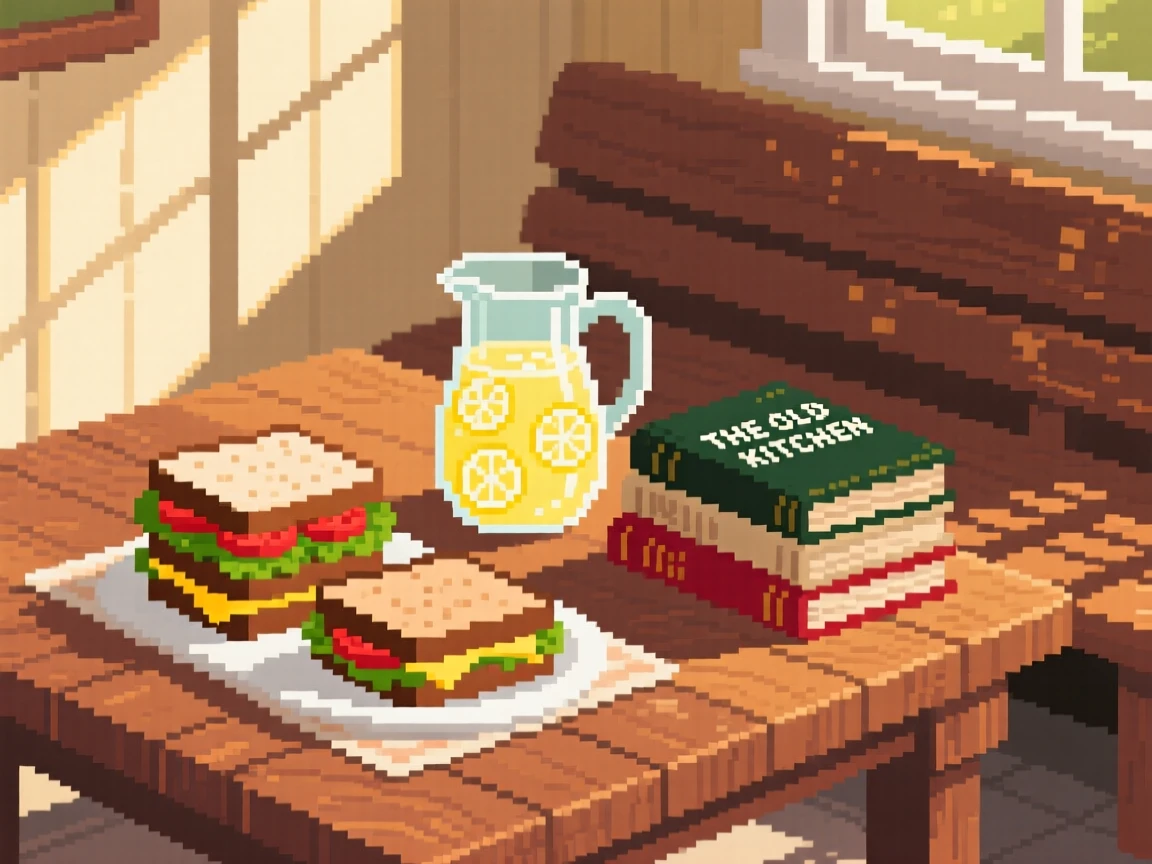 A picnic spread of sandwiches and lemonade resting beside a stack of old cookbooks, in a sunlit breakfast nook.