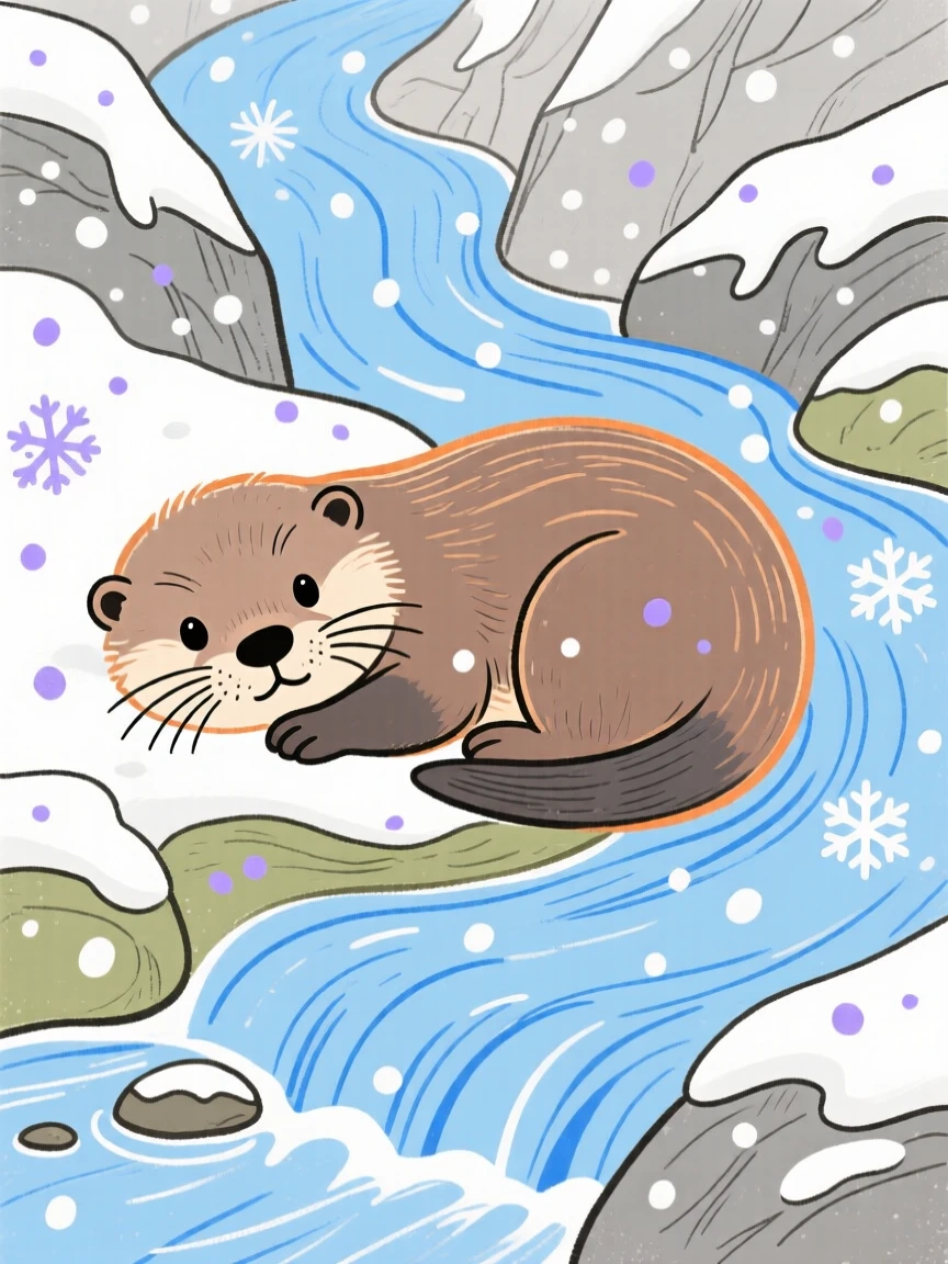 A baby otter curled up together beside a mountain stream during a light snowfall.