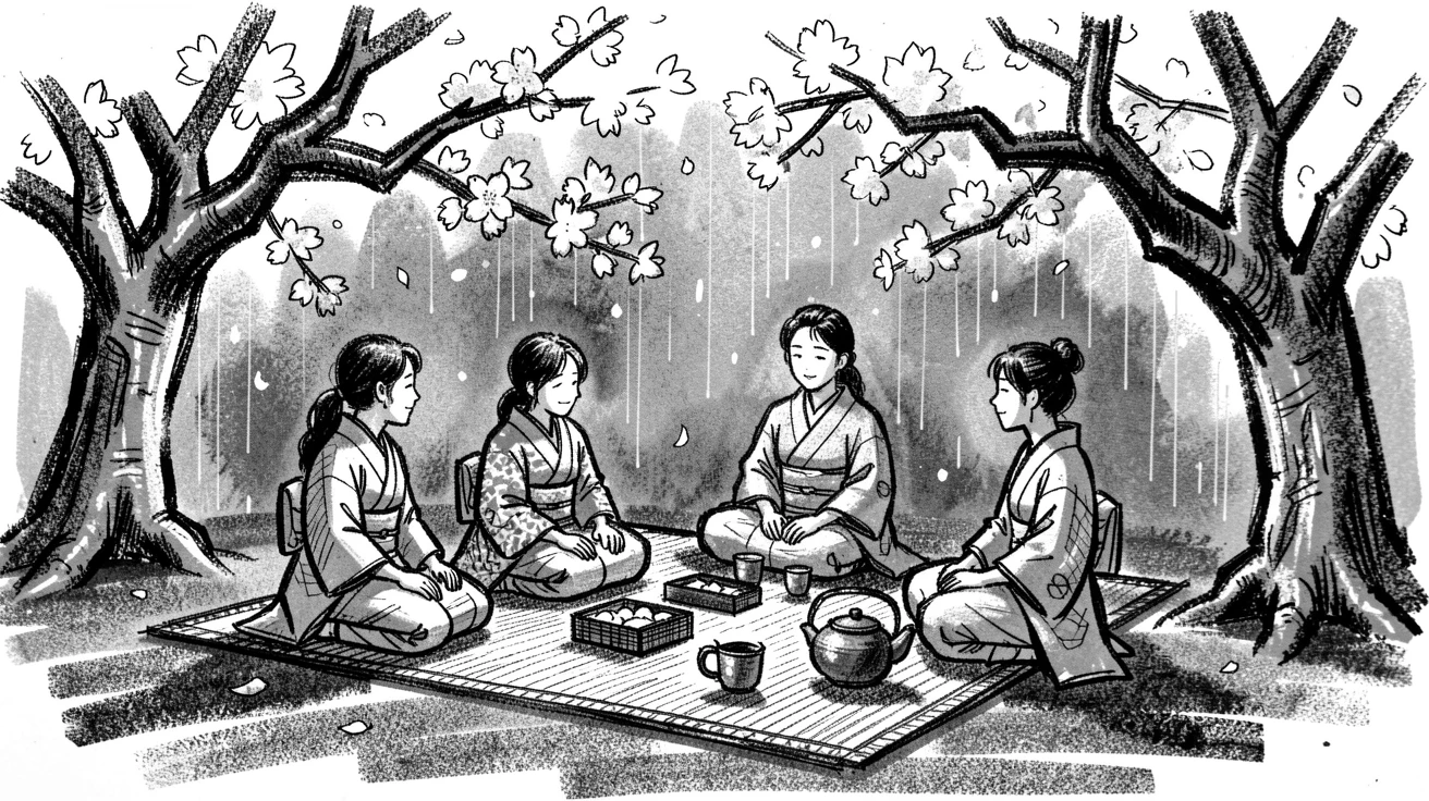 A traditional Japanese hanami picnic under blooming cherry trees, as gentle rain patters down around them.