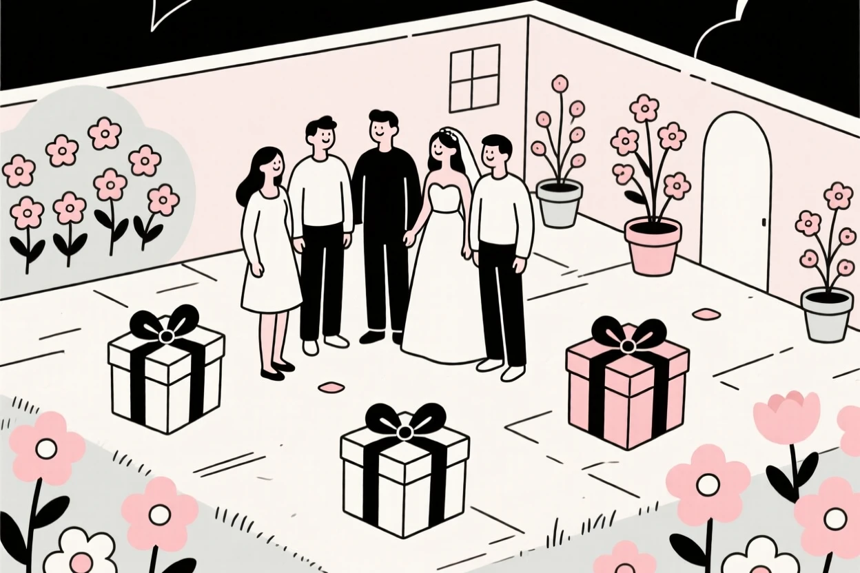 Friends gathered for a wedding celebration in a flower-filled courtyard, surrounded by ribbon-wrapped gifts, radiating joyful celebration.