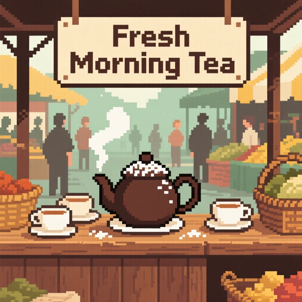 A tea set with a steaming pot topped with a dusting of powdered sugar, at a market stall on a busy morning.