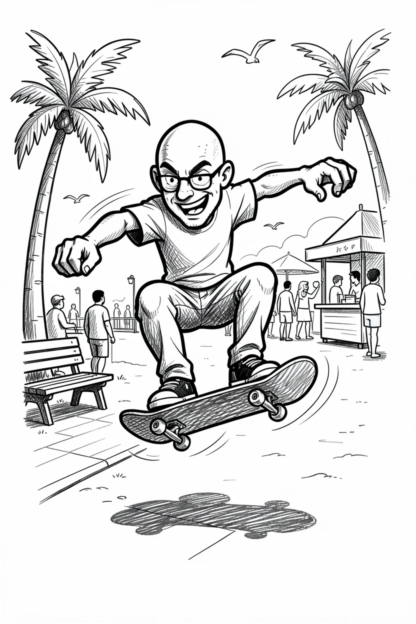 A skateboarder doing a trick at a sunny park beside a lively beachside boardwalk.
