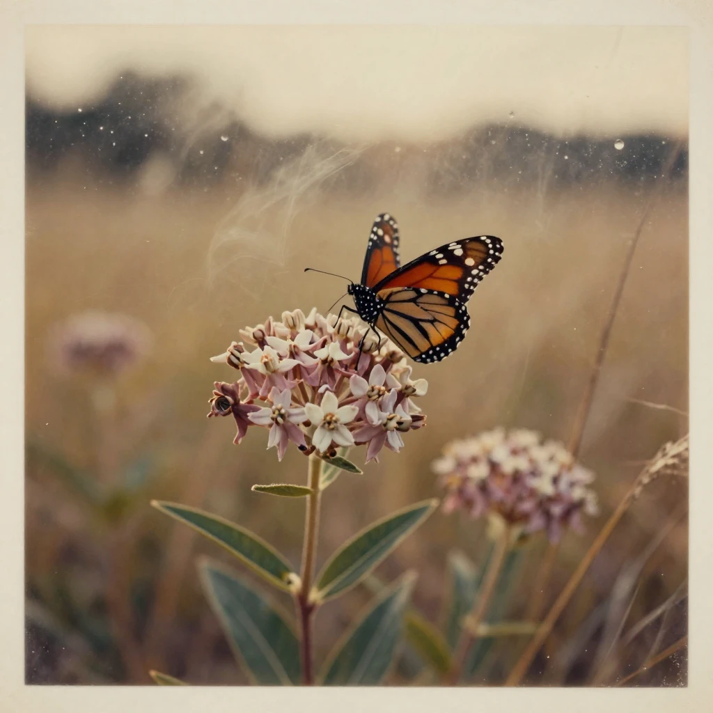 A monarch butterfly resting on a cluster of milkweed flowers, in the last light of dusk, as mist rises off the ground, under the first snow of winter, in warm honey and cream tones, through a rain-streaked window.