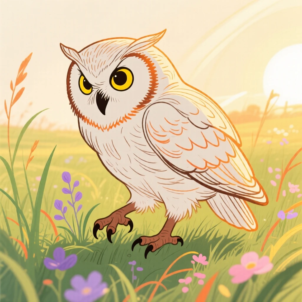 A wise old owl grazing in a sunlit meadow during golden hour.
