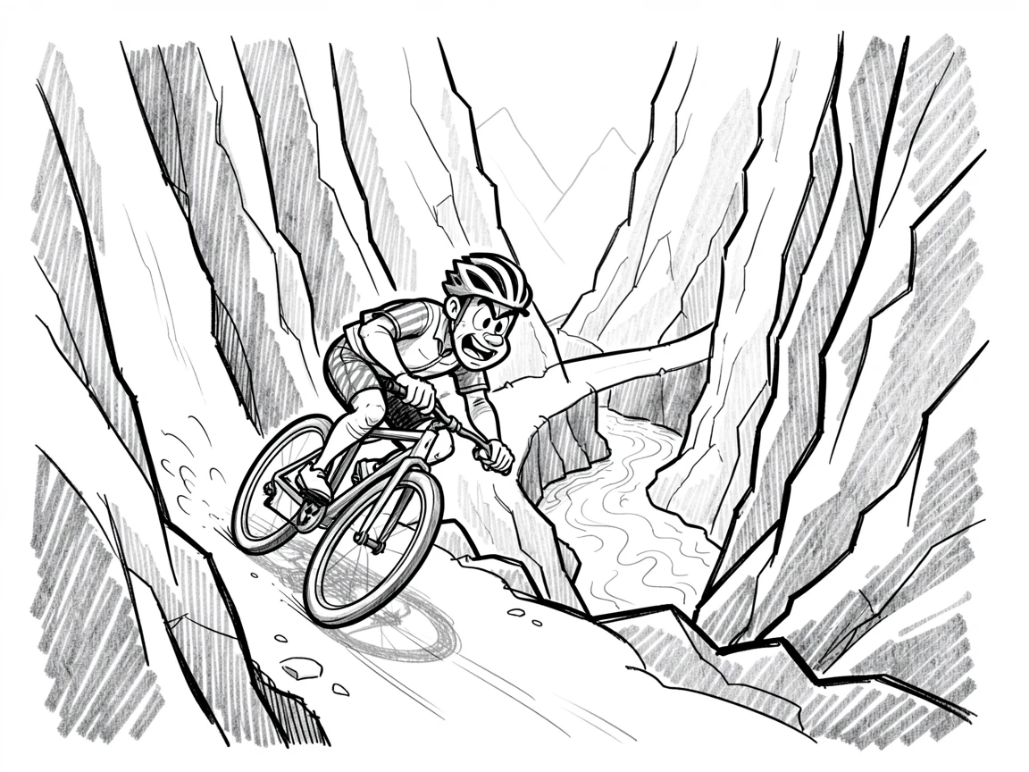 A cyclist racing down a winding mountain trail through a canyon carved by a river.