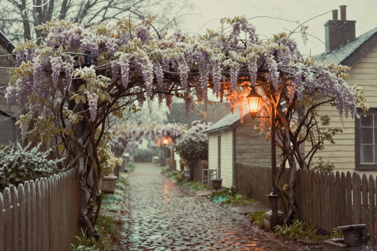 A quiet village lane shaded by overhanging wisteria vines, under flickering candlelight, with frost coating every surface, in early spring, in vivid coral and turquoise hues, through a rain-streaked window.