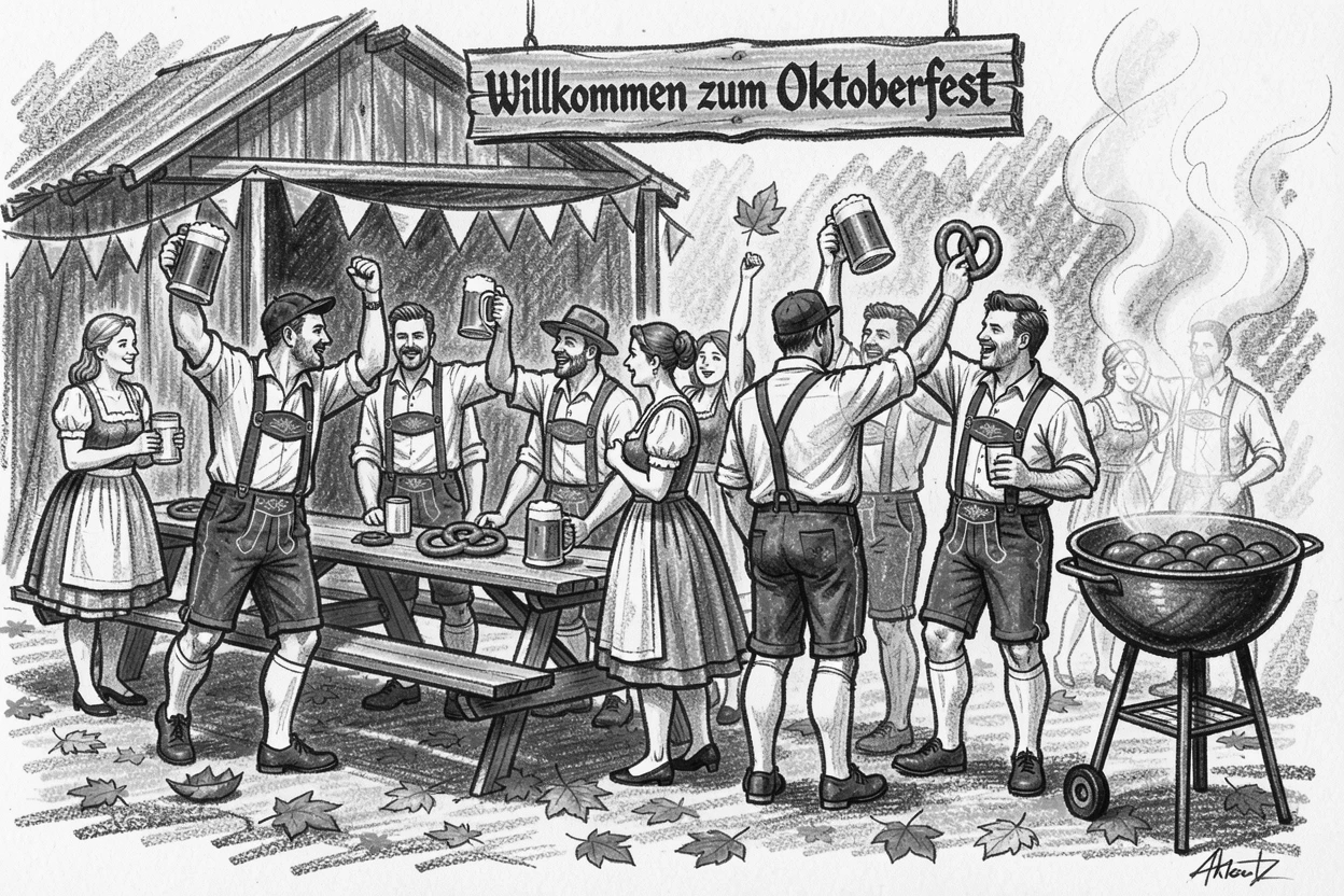 A traditional German Oktoberfest celebration, with autumn leaves scattered underfoot.