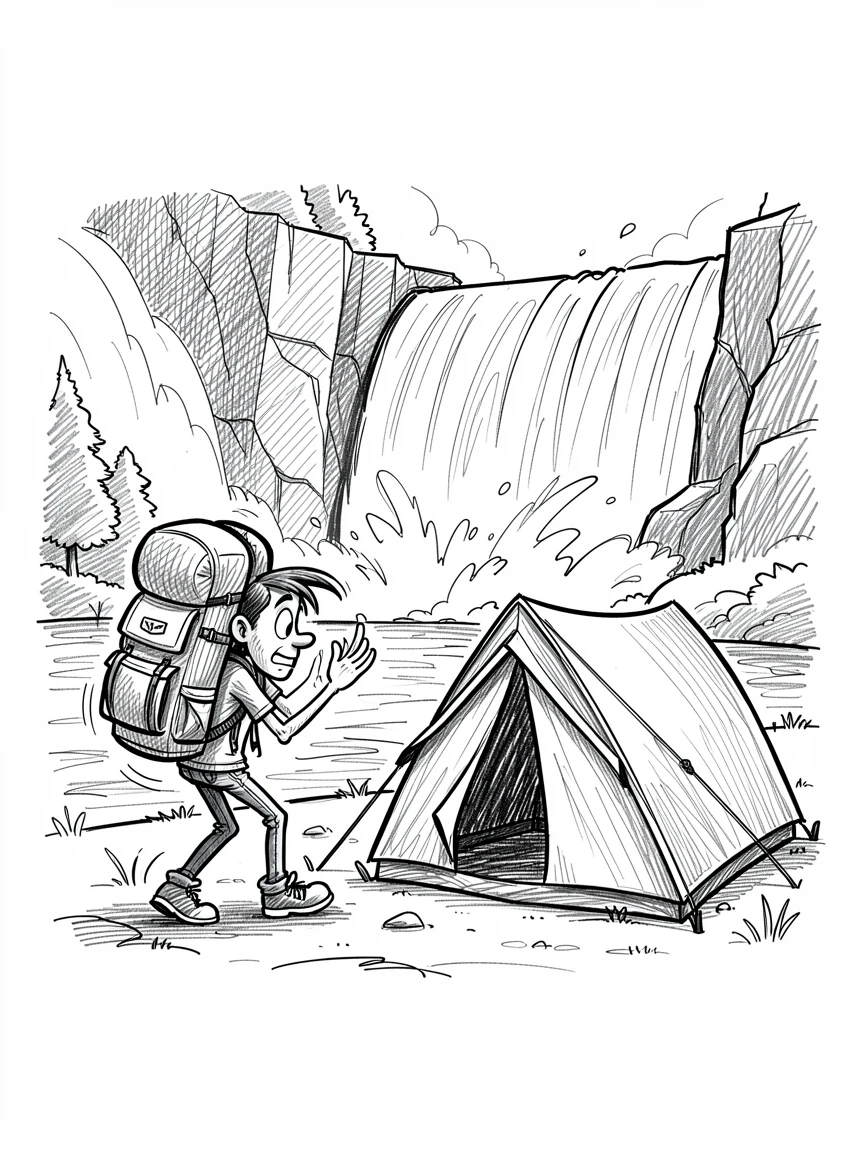 A camper setting up a tent beside a lake beside a rushing waterfall.