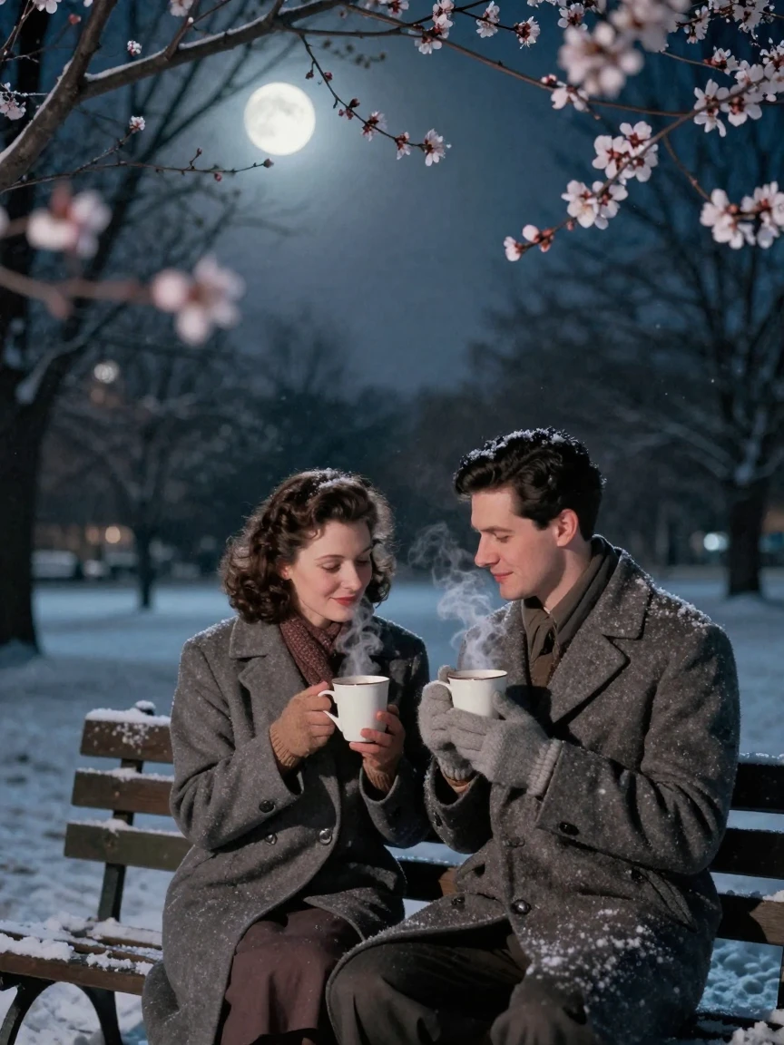 A couple sharing hot cocoa on a snowy park bench, under moonlight, in still, windless air, as spring blossoms unfurl, in cool blues and silvery greys, peering through foliage in the foreground.
