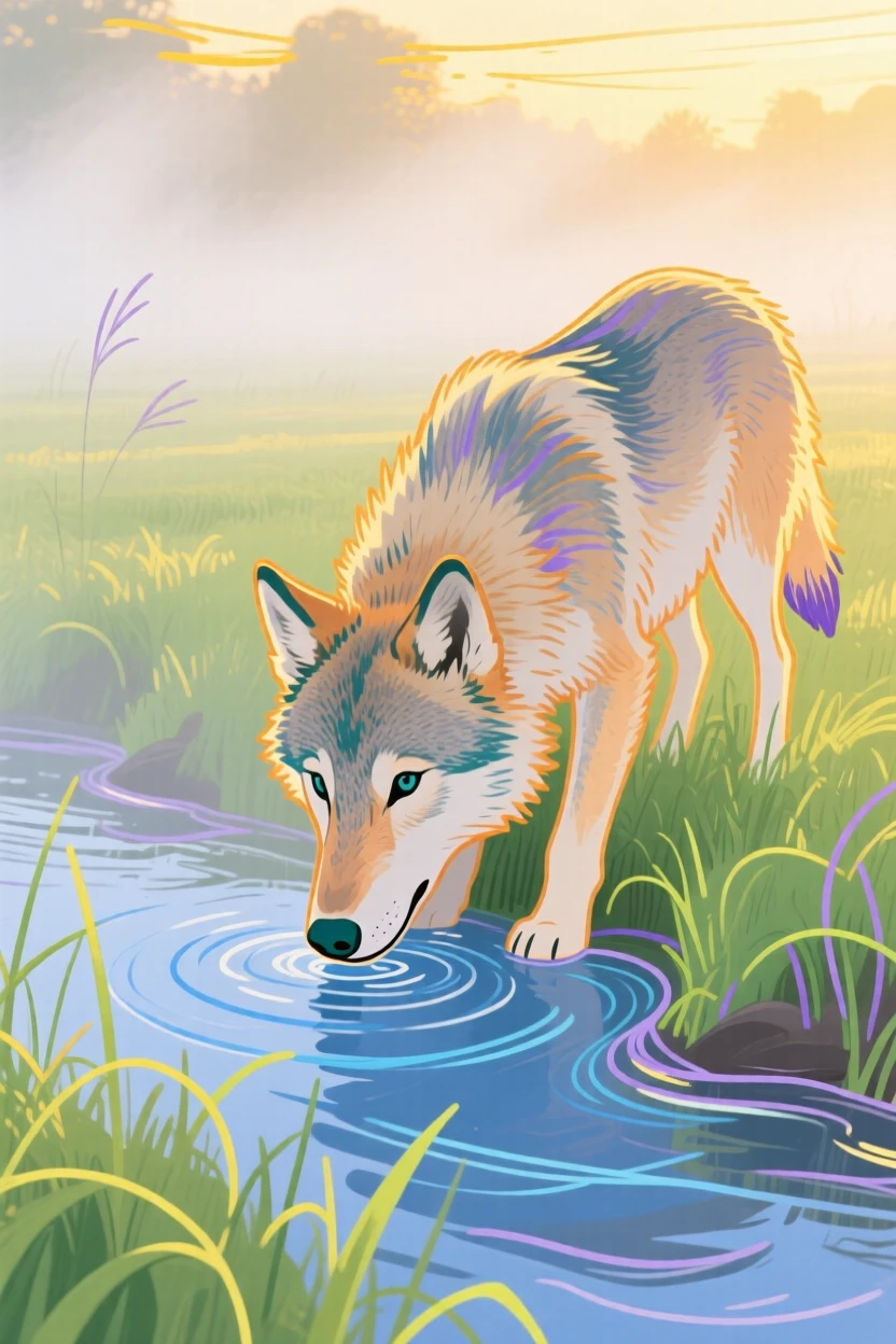 A young wolf drinking from a stream in a misty morning field during golden hour.