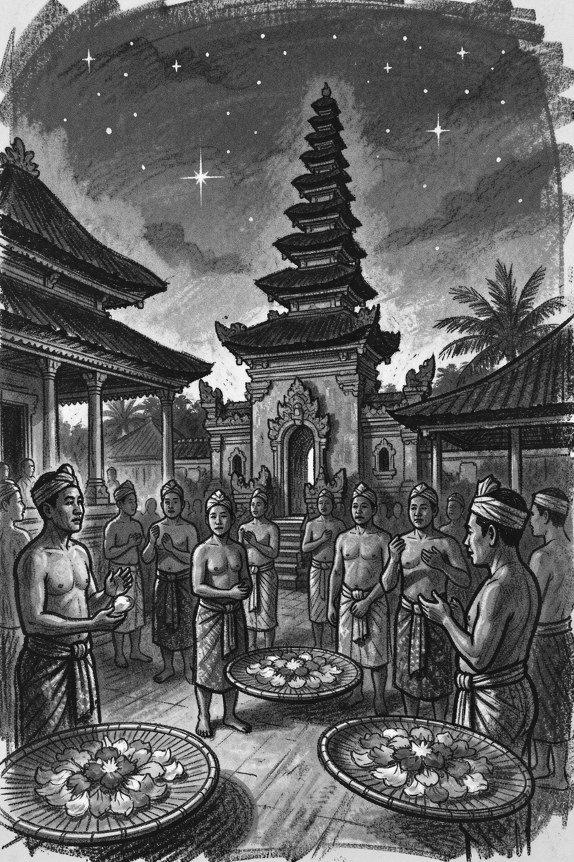 A traditional Balinese temple ceremony with offerings of flowers, as the first stars appear overhead.