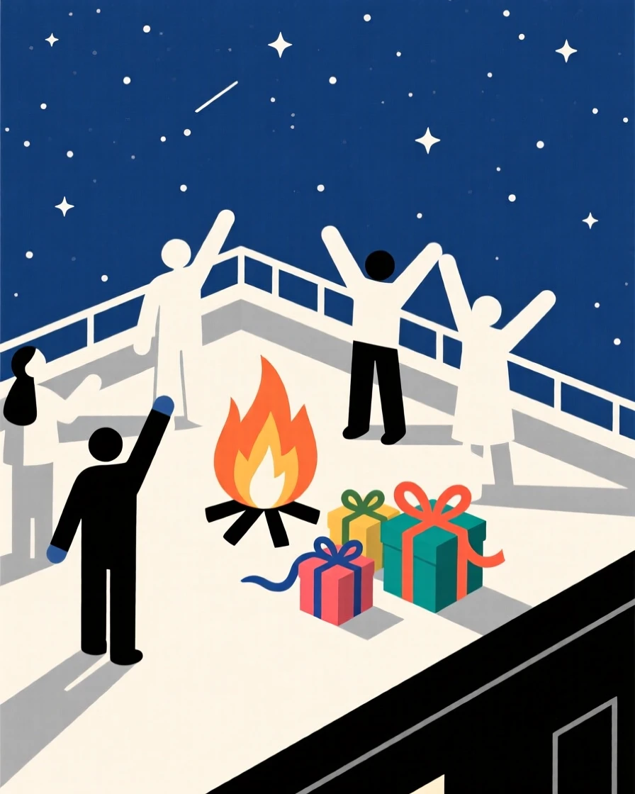 A joyful summer bonfire gathering taking place in a rooftop under the stars, decorated with ribbon-wrapped gifts, full of joyful celebration.