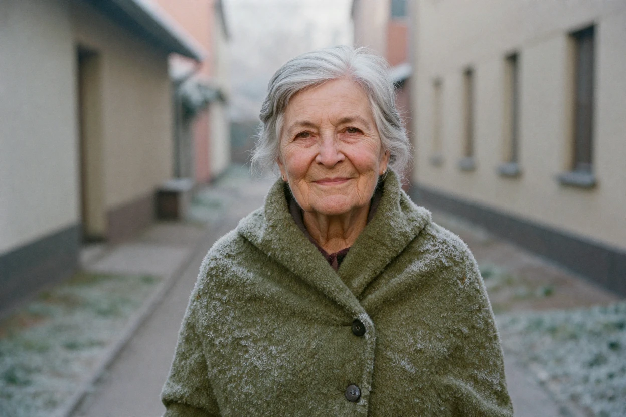 An elderly woman with silver hair wrapped in a wool shawl, smiling gently, in gentle diffused daylight, with frost coating every surface, in the height of summer, with muted olive and rust colors, framed symmetrically down a long corridor.