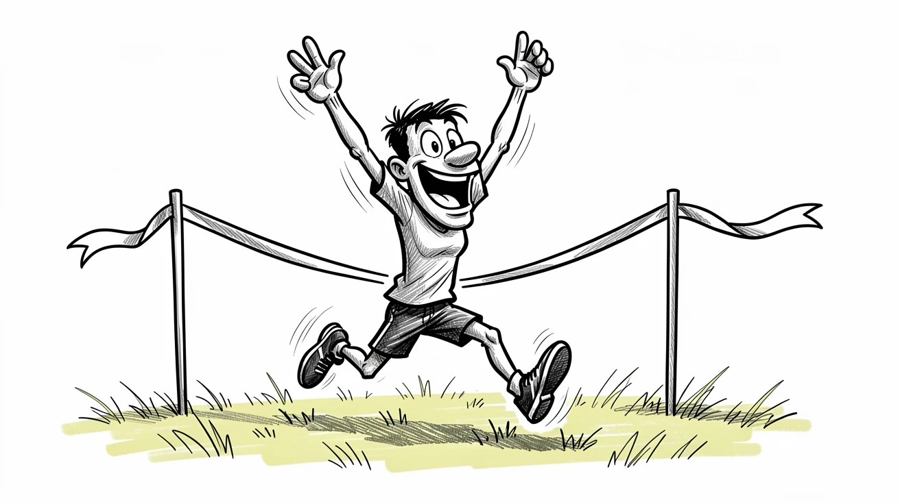 A runner crossing a finish line with arms raised on a sunlit grassy field.