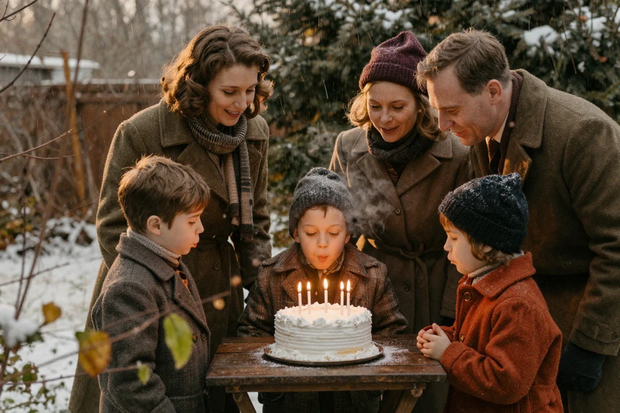 A child blowing out birthday candles surrounded by family, in warm morning light, under a light drizzle, in the depths of winter, with muted olive and rust colors, peering through foliage in the foreground.
