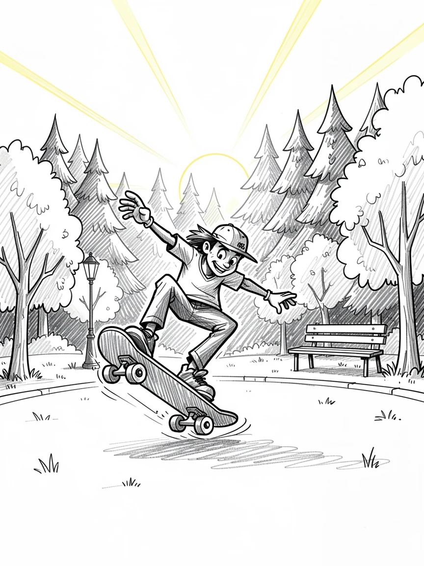 A skateboarder doing a trick at a sunny park beside a snowy pine forest.
