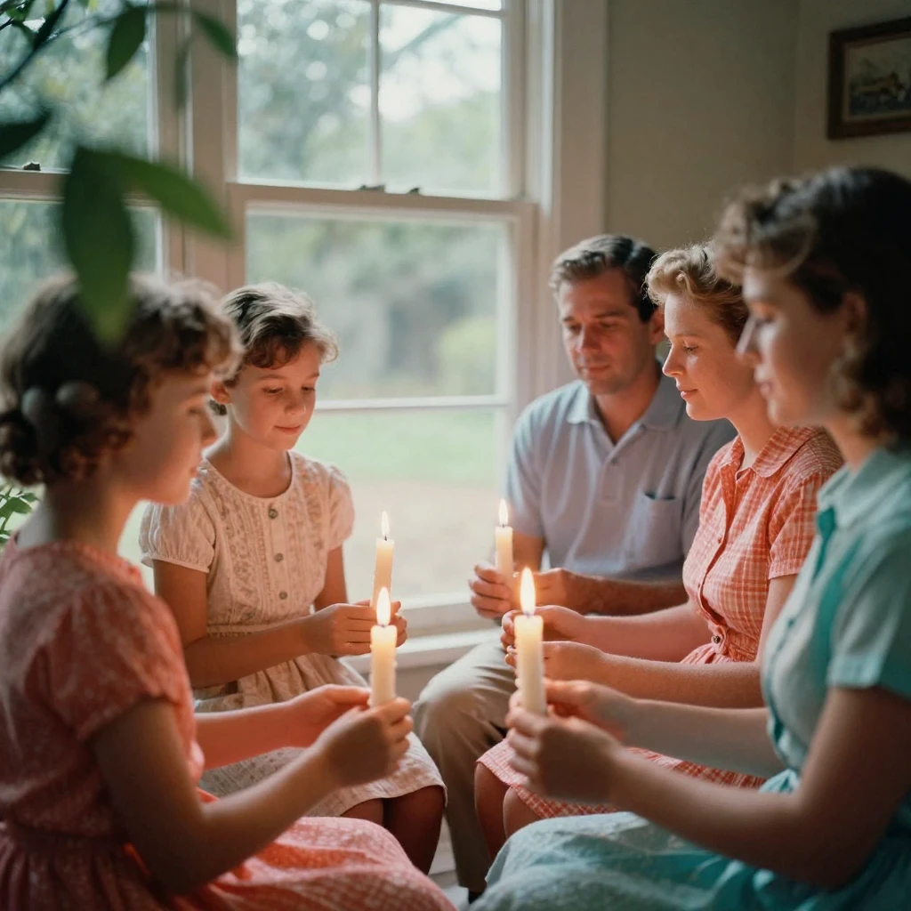 A family lighting candles together for a religious holiday, in soft window light, as mist rises off the ground, in the height of summer, in vivid coral and turquoise hues, peering through foliage in the foreground.