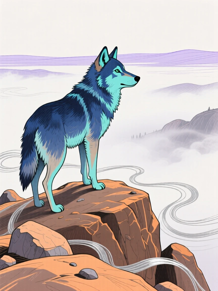 A young wolf watching the horizon on a rocky hillside as fog rolls in.