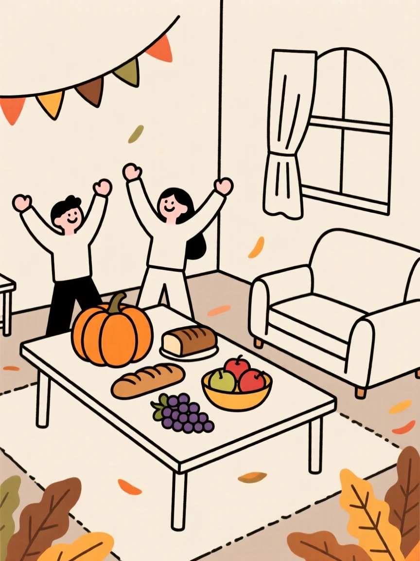 A joyful harvest festival taking place in a cozy living room, decorated with a table of festive food, full of festive excitement.