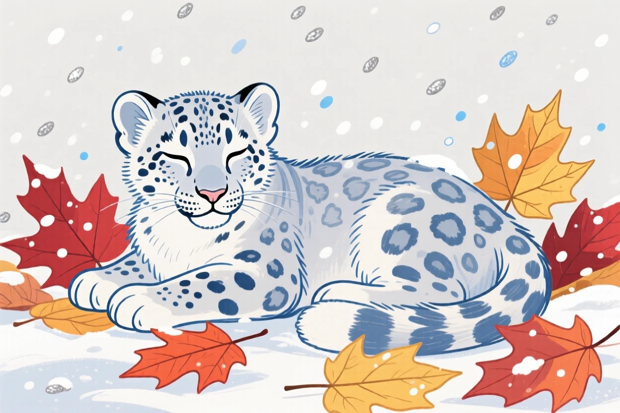 A snow leopard cub resting among autumn leaves during a light snowfall.