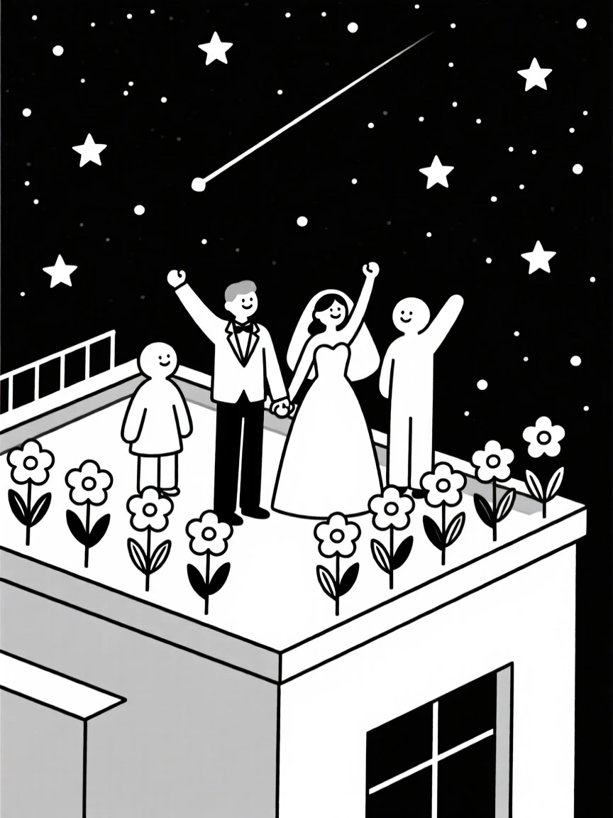 A joyful wedding celebration taking place in a rooftop under the stars, decorated with fresh flower arrangements, full of triumphant joy.