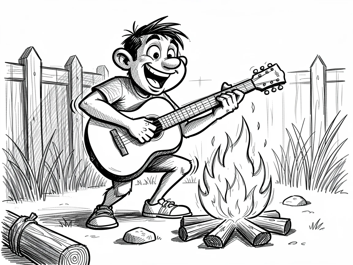 A guitarist strumming beside a campfire in a backyard on a summer evening.
