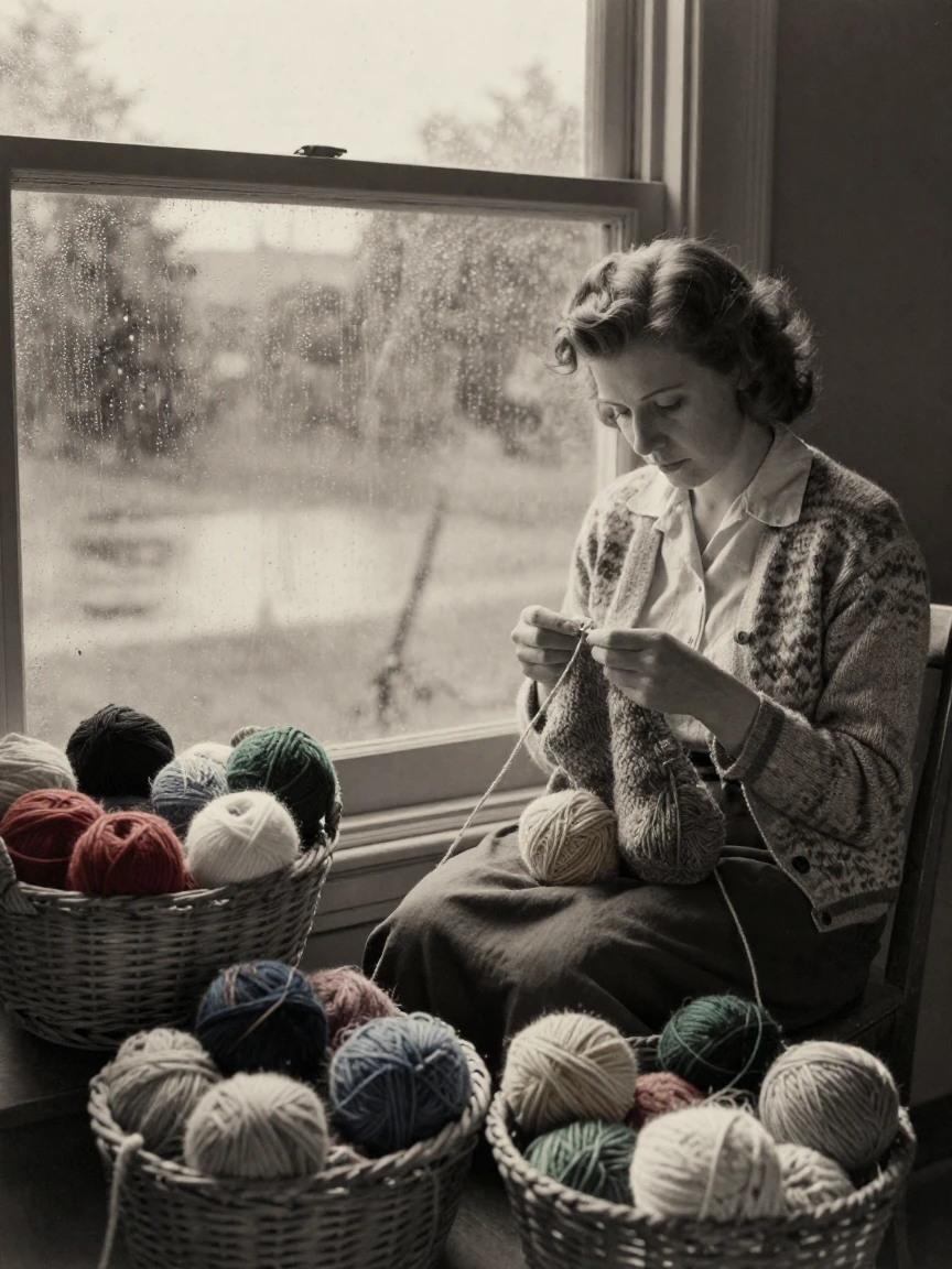 A knitter surrounded by baskets of colorful yarn, in the last light of dusk, as mist rises off the ground, during the long days of summer, with stark black-and-white contrast softened by a single warm hue, through a rain-streaked window.