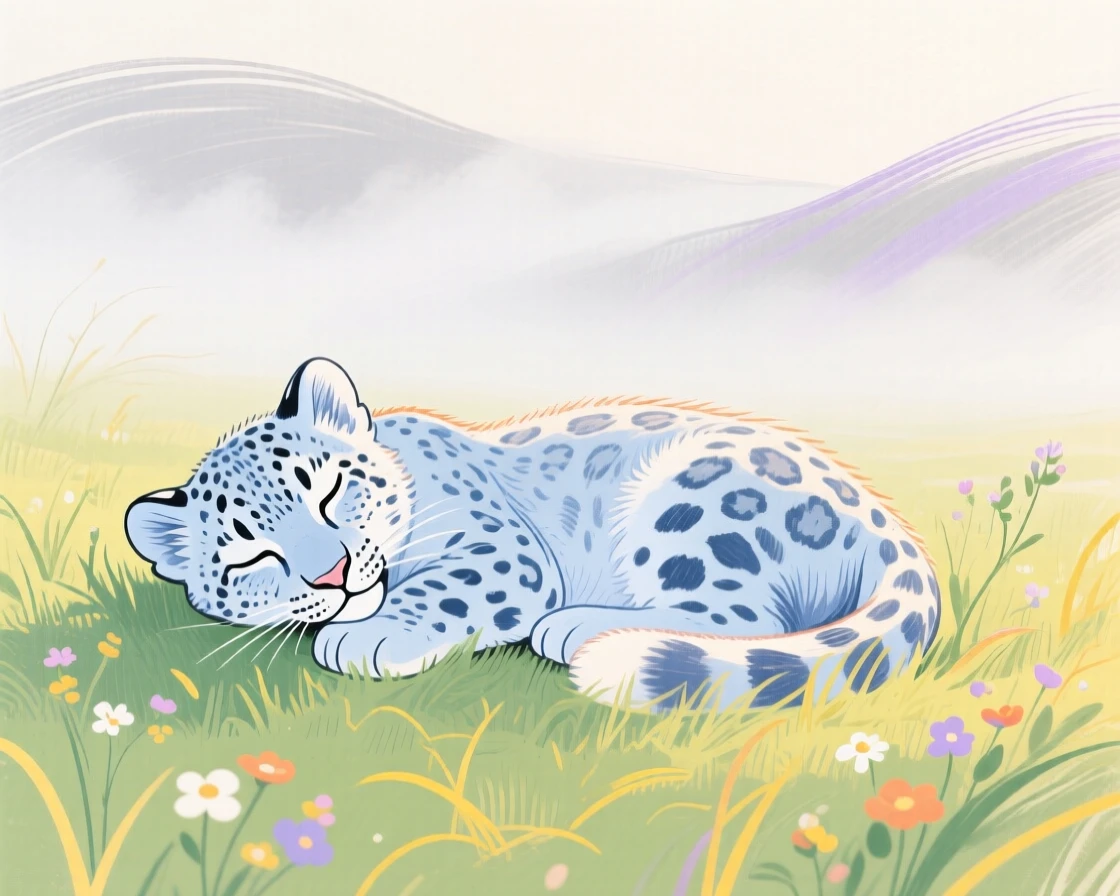 A snow leopard cub napping in a sunlit meadow as fog rolls in.
