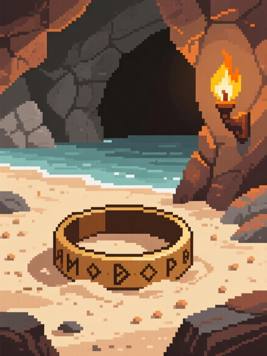 A ring engraved with old runes half-buried in sand on a forgotten beach, within a cave lit by torchlight.