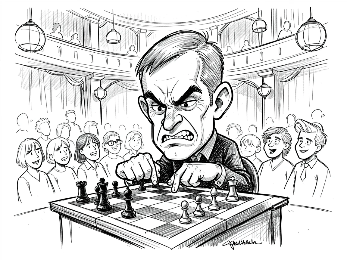 A chess player deep in thought over a board in a music hall filled with an audience.