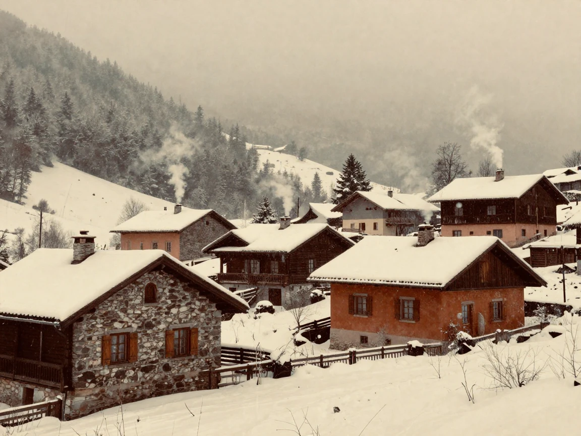 A snow-covered mountain village with smoke rising from chimneys, in gentle diffused daylight, amid gently falling snow, in the depths of winter, in earthy terracotta and ochre shades, through a rain-streaked window.