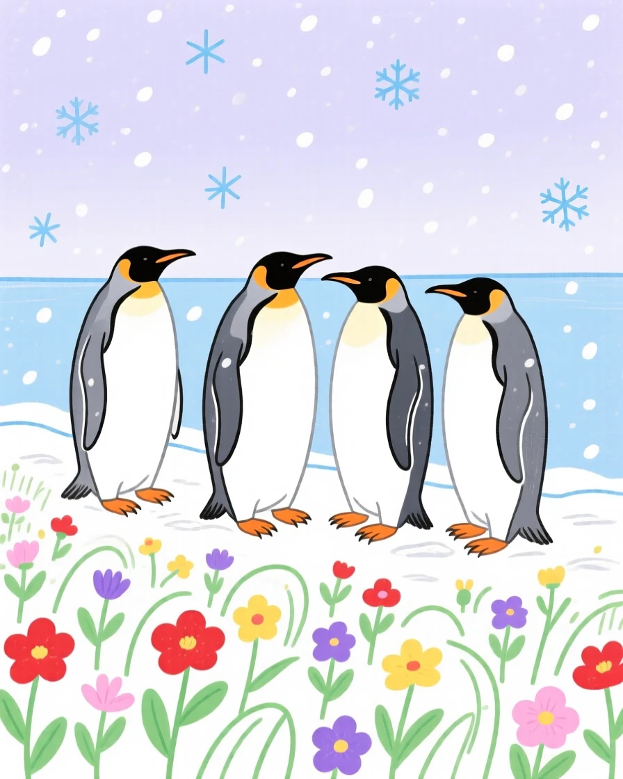 A group of penguins watching the horizon near a wildflower field during a light snowfall.