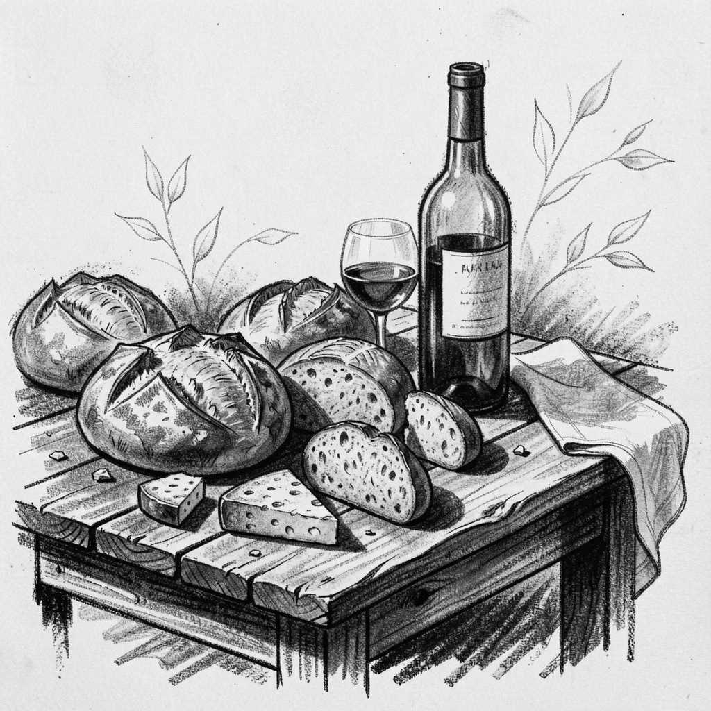 A rustic table spread with fresh bread, cheese, and wine, with a light breeze stirring the surroundings.