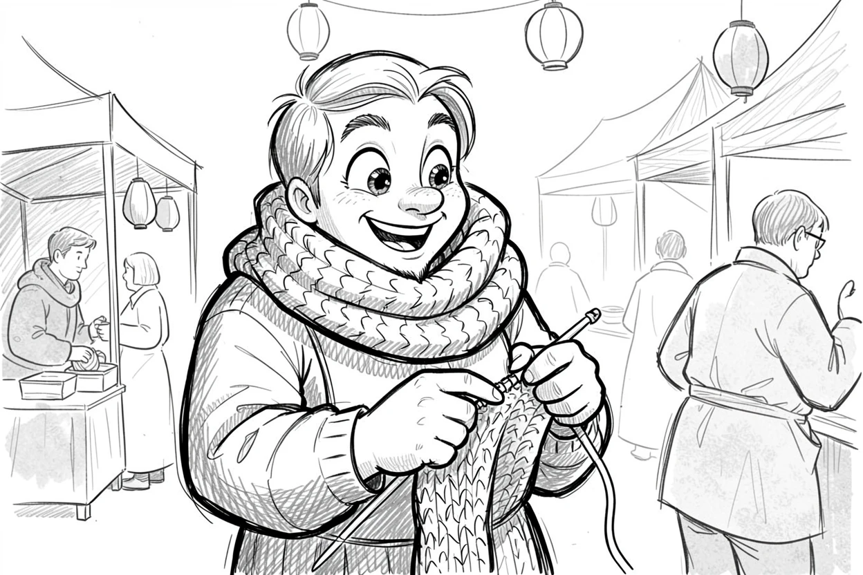 A knitter wrapped in a half-finished scarf in a bustling outdoor market.
