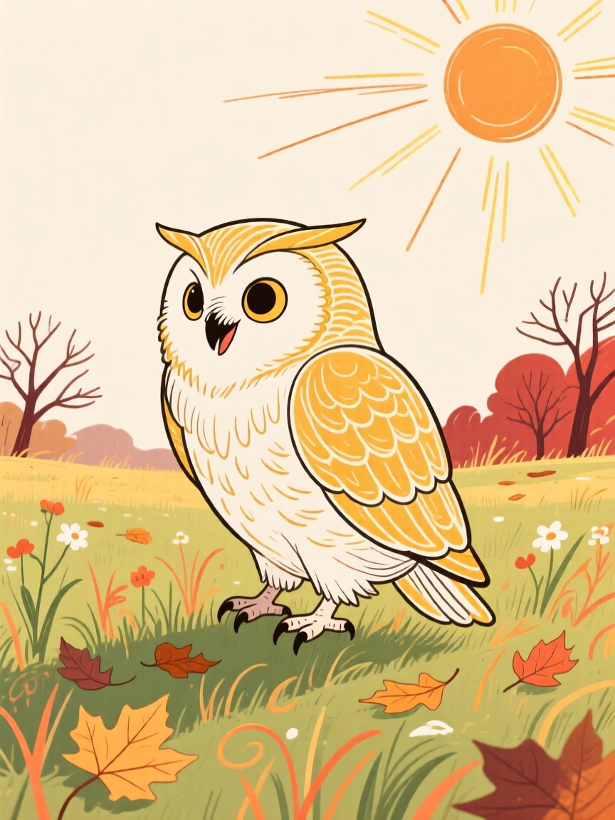 A wise old owl playing in a sunlit meadow on a crisp autumn day.