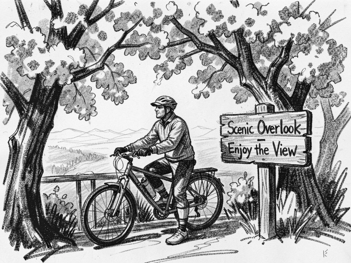A cyclist pausing to admire a scenic overlook, beneath blossoming trees in full bloom.