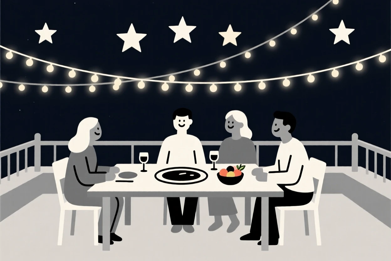 Friends gathered for a holiday feast in a rooftop under the stars, surrounded by strings of twinkling lights, radiating heartfelt gratitude.