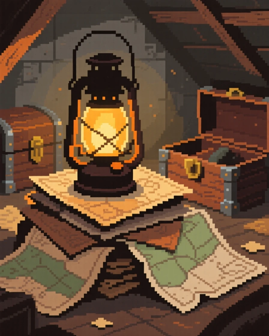 A glowing magic lantern resting on a pile of old maps, within a dusty attic full of old trunks.