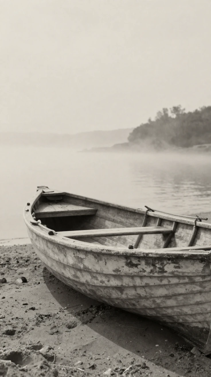 A rowboat resting on the sandy shore of a quiet cove, under a pale winter sky, as mist rises off the ground, during the long days of summer, with stark black-and-white contrast softened by a single warm hue, in a tight close-up.