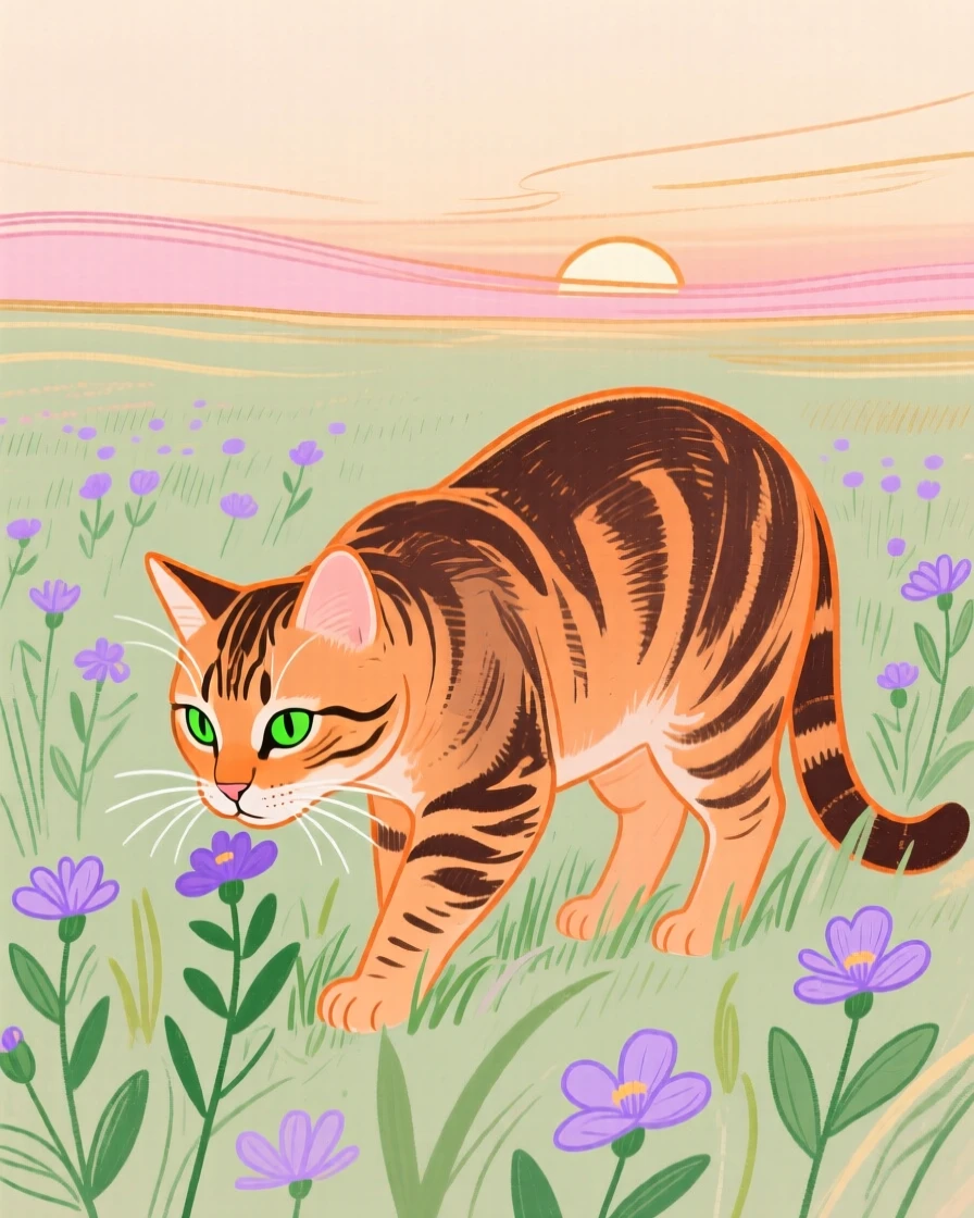 A tabby cat grazing near a wildflower field at sunset.