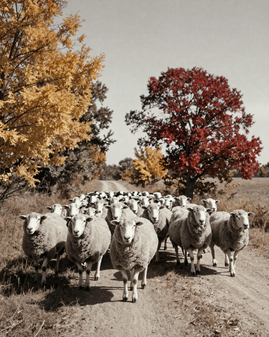 A flock of sheep being herded down a narrow country lane, under harsh midday sun, in crisp, dry air, as autumn leaves turn gold and red, with stark black-and-white contrast softened by a single warm hue, captured from a low angle looking up.